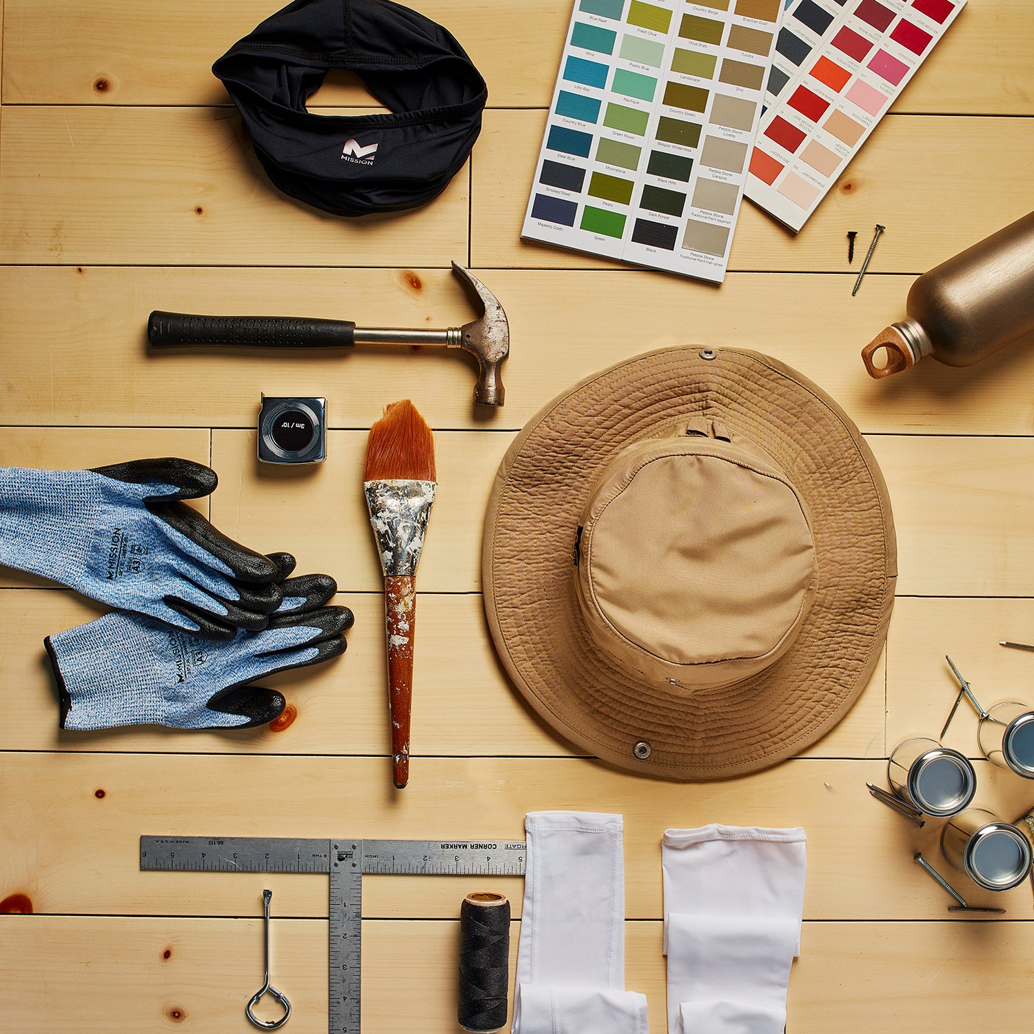 tools, paints, cooling hat and cooling sun sleeves