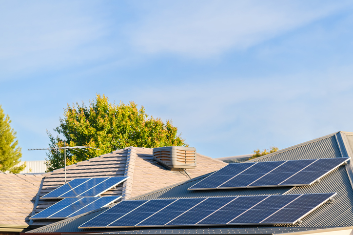 House roofs with solar panels installed in suburban area of South Australia